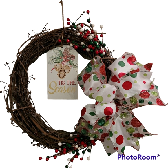 Grapevine Christmas Wreath,  'Tis the Season Wreath, Bow Ribbon Wreath - Picture 1 of 3
